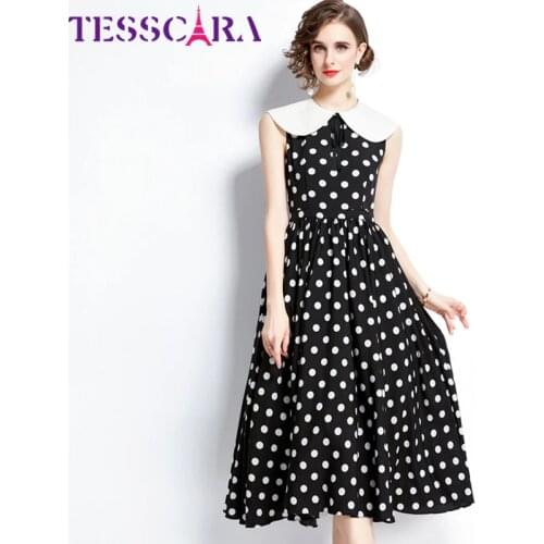 TESSCARA Women Summer Elegant A-Line Dress Festa High Quality Long Vintage Party Robe Femme Runway Dot Designer Black Vestidos
