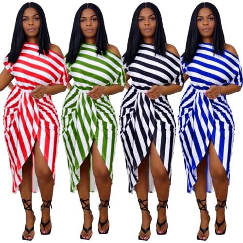 Echoine Plus Size Women Printed One-shoulder Striped Fashion Slim Vintage Dress Street Wear Summer Woman Dress Drop Shipping