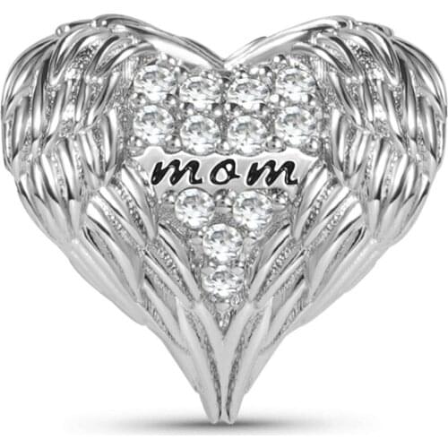 925 Sterling SilverFeather Heart Moms Love Inlaid with Crystal Gemstones Charm Bead Fit Original Pandora Bracelet DIY Jewelry