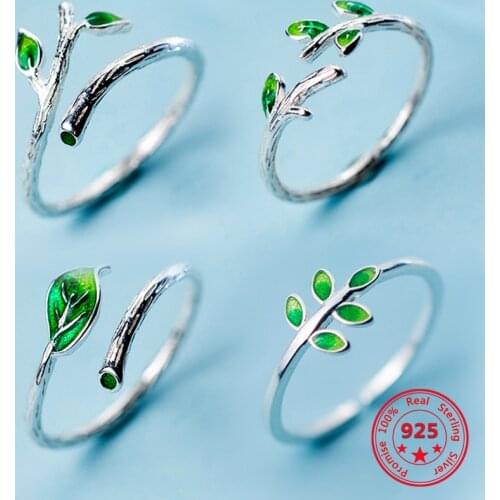 Charm 100% 925 Sterling Silver Green Enamel Leaves Vintage Adjustable Ring 2019 Fine Jewelry For Women Party Accessories Gift