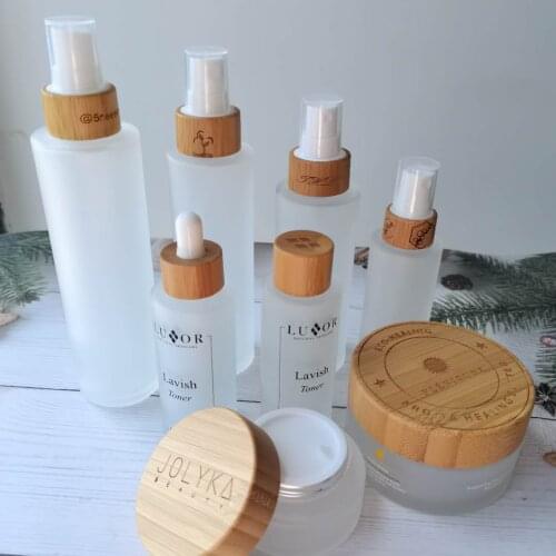 30ml 50ml 100ml 120ml 150ml Various Bamboo Covers Frosted Glass Lotion Spray Bottle Jar With Pump Lid Cosmetic Container Bottles
