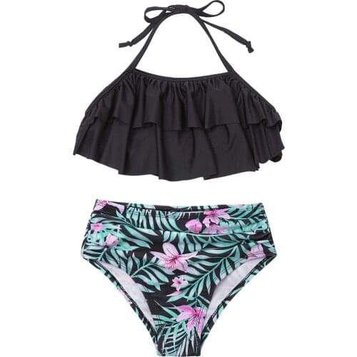 Quick Dry Kids Girls Tankini Beachwear Adjustable Halter Swimwear Swimsuit Bathing Suit Sets Ruffled Tops Floral Printed Bottoms