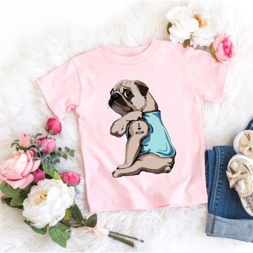 Kids Cute Cartoon Dog I Love Mom Graphic Printed Children Pink T-shirt Boys Girls Unisex Summer New Fashion Short Sleeve Tshirts