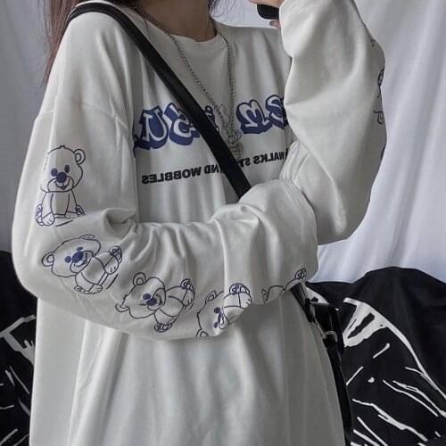 Cute Bear Print Tshirt Streerwear Autumn Harajuku Loose T Shirt Long Sleeve Tees Girl Hip Hop Tops Causal Autumn Korean T Shirt