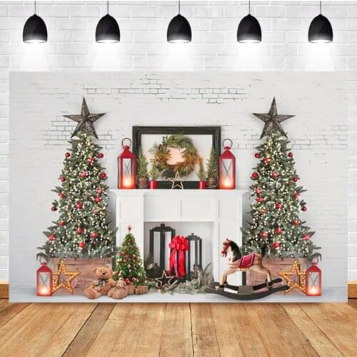Laeacco Christmas Backdrop Photographic Indoor Brick Wall Tree Gift Toy Birthday Photography Photo Background For Photo Studio