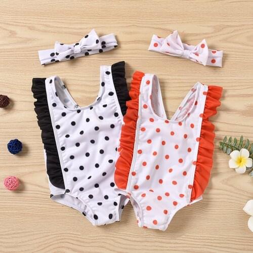 Summer Kawaii Baby Swimwear For Girls Polka Dot Bikini One-piece Swimwear Swimsuit Beachwear Headband Maillot De Bain Enfant