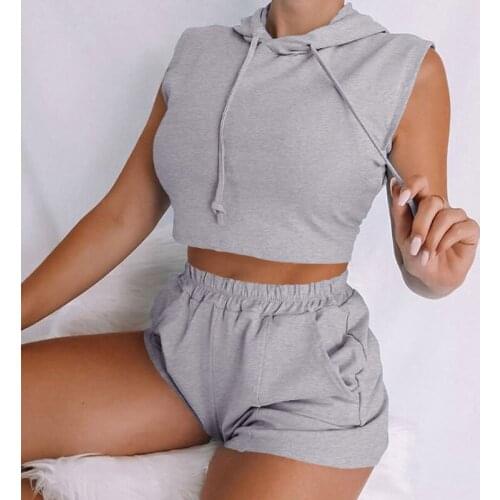 Summer 2 Pieces Set Womens Sport Shorts Sets Solid Sleeveless Hooded Women Crop Top Suit 2021 New Casual Tracksuit Ladies Suits