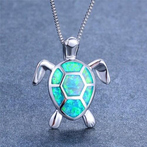 Boho Fashion Female Blue White Green Fire Opal Necklace Silver Color Necklace Big Turtle Pendants Necklaces For Women