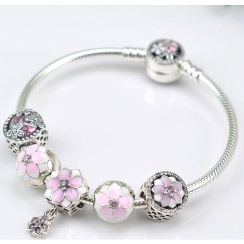 NEW NEW 100% 925 Sterling Silver Bracelet Set For Europe Women Spring Pink Flowers DIY Gift Original Bangle Charm Jewelry