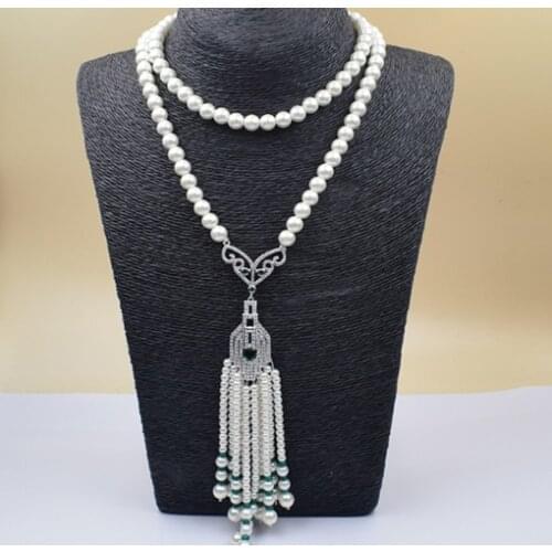 Natural 8-9mm 32inch white freshwater pearl Hand knotted luxury necklace inlay zircon jade tassel long sweater chain