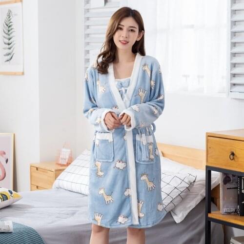 Sky Blue Nightwear Pink Pig Kimono Flannel Bathrobe Gown Sexy Home Clothing Negligee Homewear Thick Winter Suit 2pcs Sleep