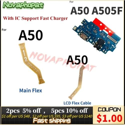 Novaphopat For Samsung Galaxy A50 A505F USB Charging Port Dock Plug LCD Connector Main Motherboard Flex Cable Microphone Board