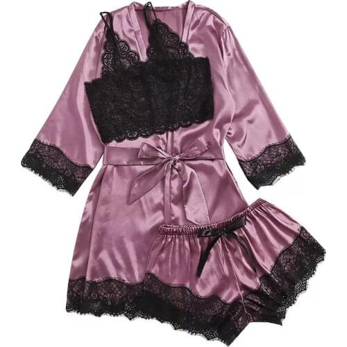 New Womens 3PCS Sleepwear Female Pajamas Set Satin Pyjamamas Lace Bridal Nightwear Rayon Home Wear Women Nighty&Robe Suit M-2XL