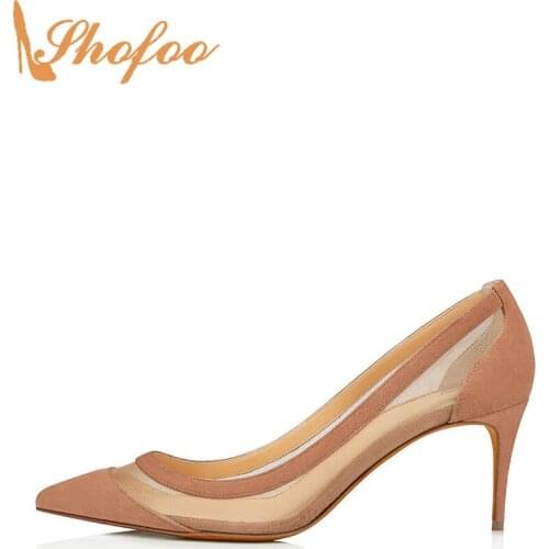 Brown Patchwork High Thin Heels Pumps Pointed Toe Woman Slip On Flock Large Size 11 15 Ladies Fashion Office Mature Shoes Shofoo