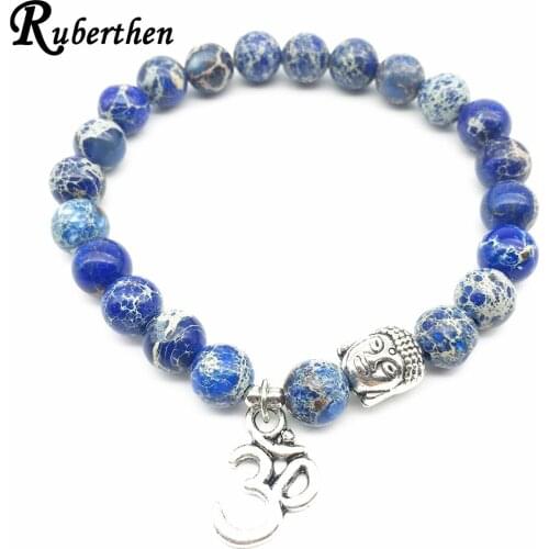 Ruberthen 2018 New Men`s Beaded Bracelet Blue Regalite Stone Ohm Charm Bracelet Vintage Design Balance Healing Yoga Jewelry