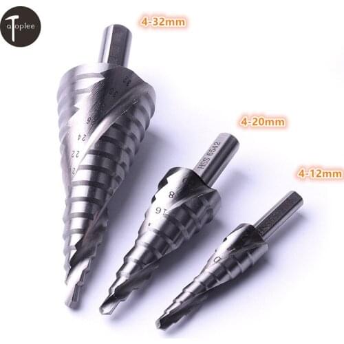 1PC HSS6542 4-12/4-20/4-32mm Spiral Groove Cone Drill Bit Triangle Shank Step Drill Bit HSS Hole Cutter Pagoda Drill