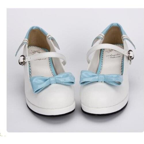 Japanese Lolita Student Shoes Princess Cute Low Hight Heel White Bow Tie Cos Cosplay Woman Navy Shoes