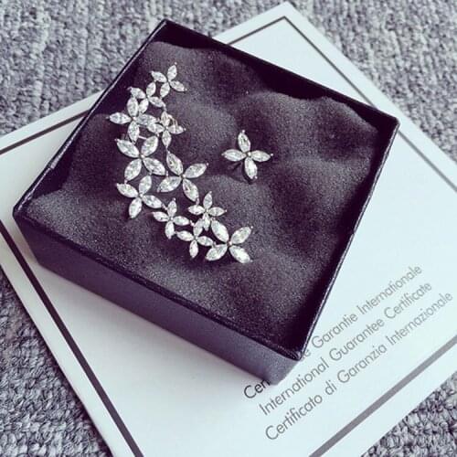 High-end Inlaid Zircon Crystal Flower Exaggerated Asymmetrical Meteor Flower Leaf Earrings Celebrity Style Clip on Earrings