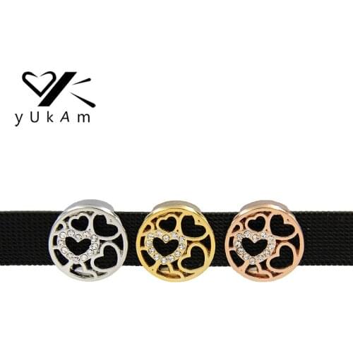 YUKAM Crystal Rhinestones Hollow Round Love Heart Shaped Slide Charms Keeper for Leather Wrap Mesh Bracelets DIY Jewelry Making
