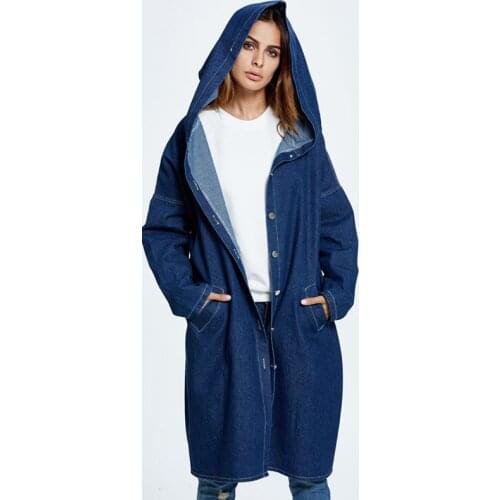 2019 Autumn New Women Long Denim Jacket Loose Washed Jeans Jackets Large Size Hooded Female Windbreaker Casual Outerwear M144