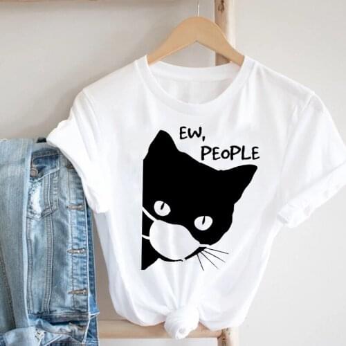 Women Clothing Funny Cat New Trend Style Kawaii Cartoon Animal Cute 90s Clothes Print Tee Top Tshirt Female Graphic T-shirt