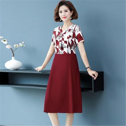 Short Sleeve Vestido Female 2021Summer Korean Middle-Aged Women High Waist Slim Thin Print Patchwork Side Zipper Swing DressA30