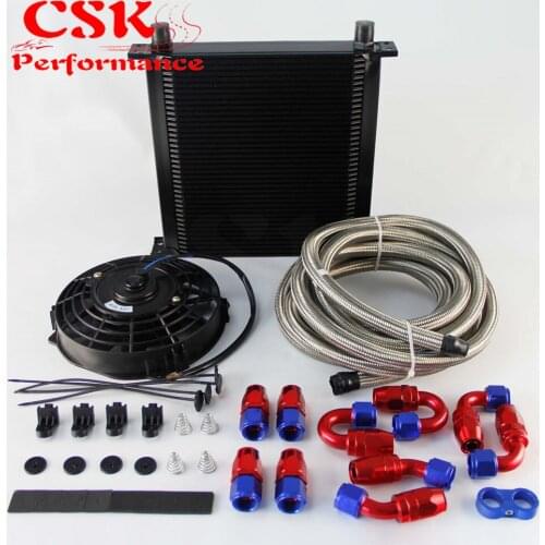 40 Row AN10 Engine Oil Cooler + 5M Oil Line Fittings + 7" Electric Fan Kit Black / Silver