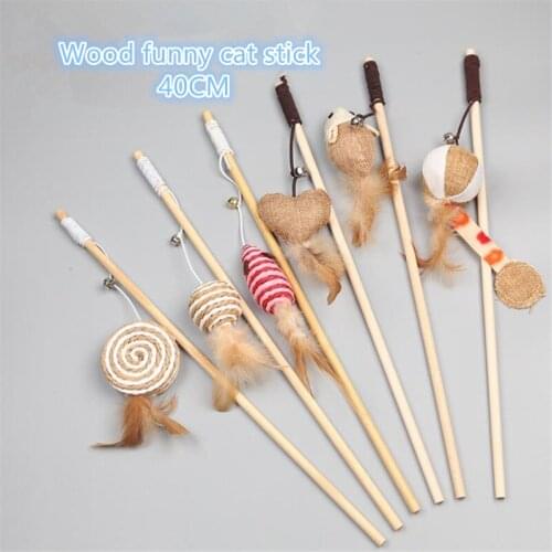 40cm Pet Cat Teaser Toys Feather Linen Wand Cat Catcher Teaser Stick Cat Interactive Toys Wood Rod Mouse Toy With Mini Bell