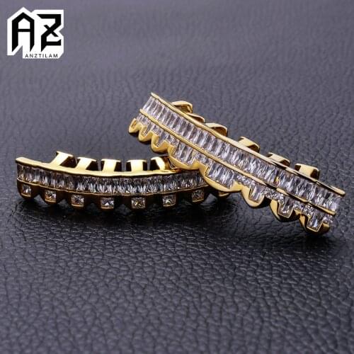 AZ Hip Hop High-Quality Ice Out Teeth Grillz Top & Bottom Micro Pave Zircon Teeth Grill Caps Mouth Jewelry For Halloween Gifts