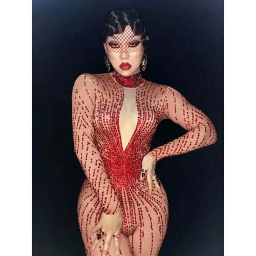 Shining Red Rhinestones Sexy Rompers Costume Bling Jumpsuit Womens Outfit Bodysuit Birthday Celebrate Wear Female Singer Wear