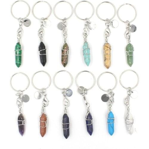 Natural Stone Keychains Wire Wrapped Bullt Quartz Pendulum Keyring Healing Purple Crystal Car Bag Wallet Keyholder for Women Men