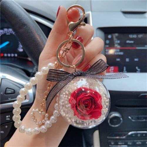 New Natural Preserve Rose Flower Keychain Korean Fashion Pearl Bracelet Key Chain Holder Valentines Day Couple Jewelry Gift