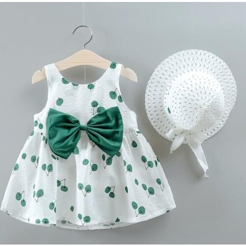 NEW Dresses Children Baby Kids Girls Clothes Cute Bow Cherry Printed Sleeveless Cool Princess Summer Dress+sun Hat Clothes Kid