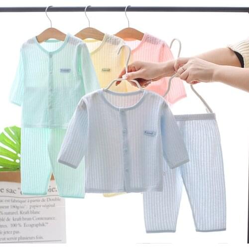 Cotton Casual Toddler Baby Girls Boys Clothes Set Solid Stripe Coat+Pants 2pcs Kids Pajamas Children Outfits Summer Home Clothes