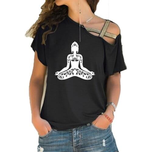 Buddha Art Woman 2019 New Tee Shirt Woman fashion funny Irregular Skew Cross Bandage style tee tops
