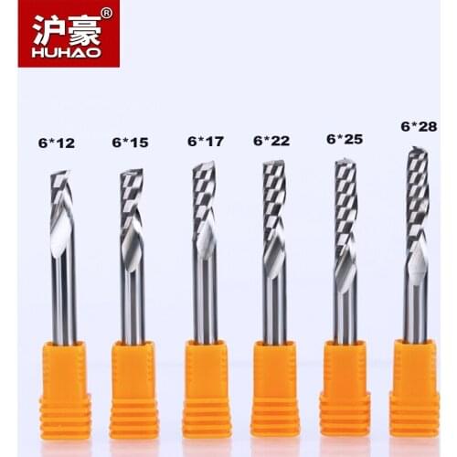 HUHAO 1pc 6mm One Flute Spiral Engrving Bits CNC End Mill Tungsten Carbide Router Tool PCB Milling Cutter Router Bits for Wood