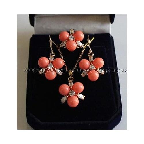 Nobility Quartz Crystal 8MM Pink South Sea Shell Pearl Earrings /Ring / Necklace Pendant Set AAA Grad