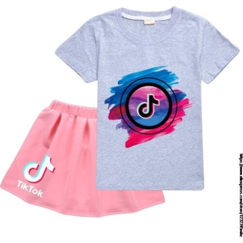 Tik Tok Children Clothing Sets for Baby Girls Summer Fashion Tik Tok Tops Kid Clothes Girl Tees Pleated Skirt Birthday Sets