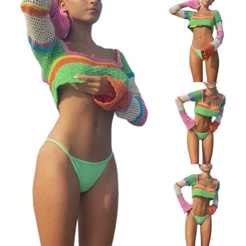 Y2k Fashion Crop Tops Splicing Crochet Square Neck Cover Up Long Sleeves Knitted Camisole Streetwear for Girls Green