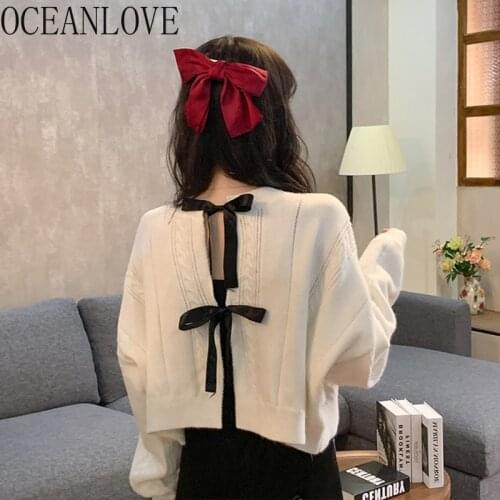 OCEANLOVE Kawaii Japanese Woman Sweaters Solid Lace Up Short Autumn Winter 2021 Cardigans Bow Sweet Mujer Sueteres 19288