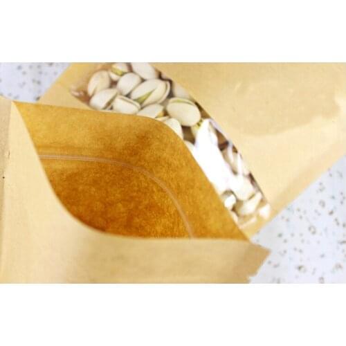 14*22+4cm 50pcs Stand Up Clear Window Brown kraft paper bags with Zipper lock for Food/Tea/Nut/Coffee Resealable Packaging Bag
