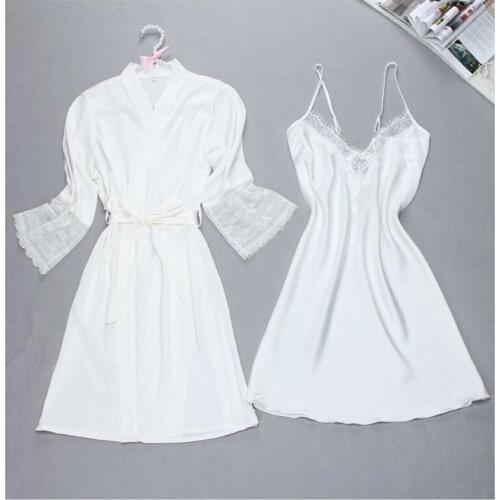 Pajama Woman Summer Silk Long Sleeve Gown Two Suits Sexy Suspenders Nightgown Thin Lace Home Wear Casual Sleep Set 2PCS пижама