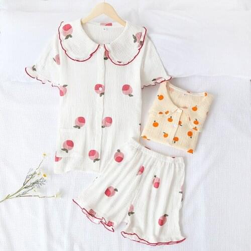 New Japanese Summer Women Pajamas Suit Cotton Crepe Ladies Solid Color Nightwear Sweet Cute Short-Sleeved Home Shorts Sleepwear
