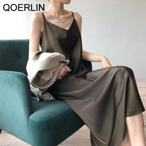 QOERLIN High End 2021 New Satin Sling Dress Female Long V-neck Temperament Base Long Spaghetti Strap Dress Plus Size Sundress