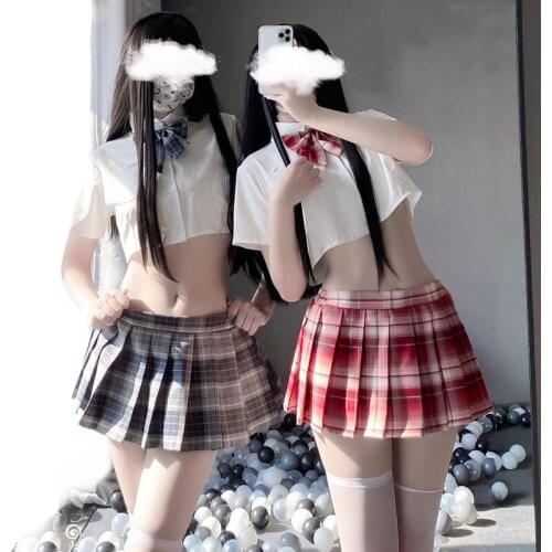 Sexy Cute JK School Girl Costumes Women Kawaii Japanese Student Cosplay Uniform White Short Top With Bow Plaid Pleated Skirt