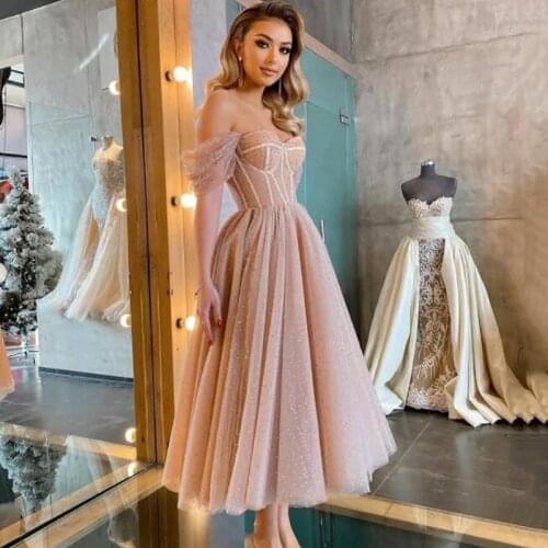Smileven Modern Pink Dotted Tulle Short Prom Dresses Off The Shoulder Evening Gowns Sweetheart Corset Prom Party Gowns