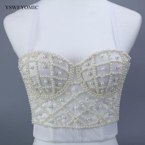 Crop Top Pearls Jewel Diamond Bralet Hand-made Womens Bustier Bra Dance Show Wedding Party Corset Cropped Top Vest Plus Size
