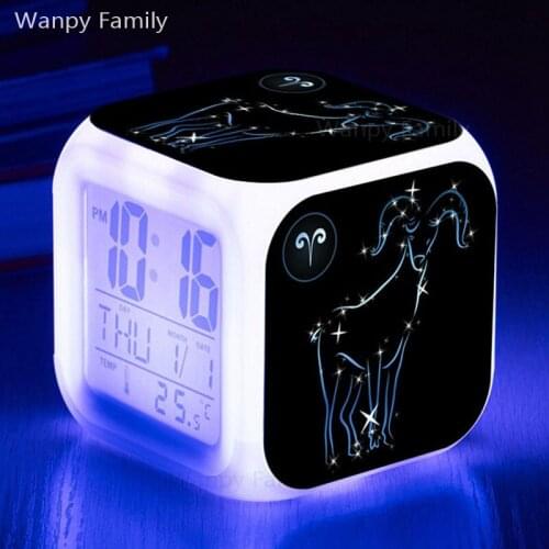 Twelve Constellations Aries Alarm Clock 7 Color LED Glowing Digital Clock For Kids Christmas Gift Multifunction Electronic Clock