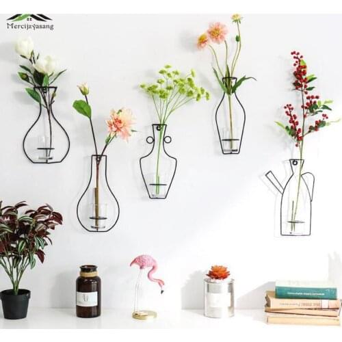 Flowers Vases Nordic Wall Metal Vase Plant Dried Floral Holder Black Line Wrought Iron for Home/Wedding Corridor Decoration G054