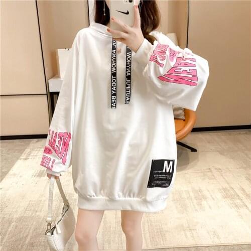 Spring Women Fleece Hoodie Sweatshirt Print Harajuku Letter Pullover Fashion Loose Long Sleeves White Tops Female Ropa De Mujer